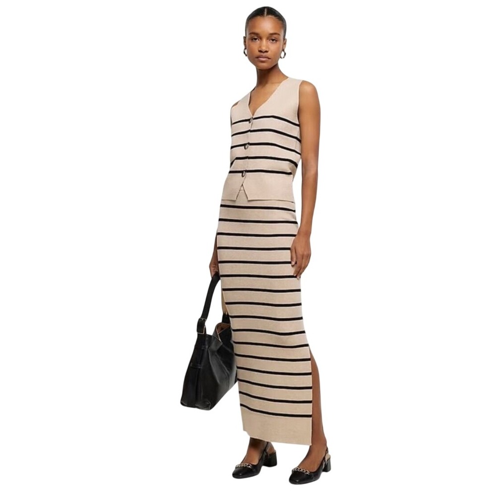 Joie Striped Button Sweater Vest High Waist Knit Skirt Set Black Brown XL *READ*
